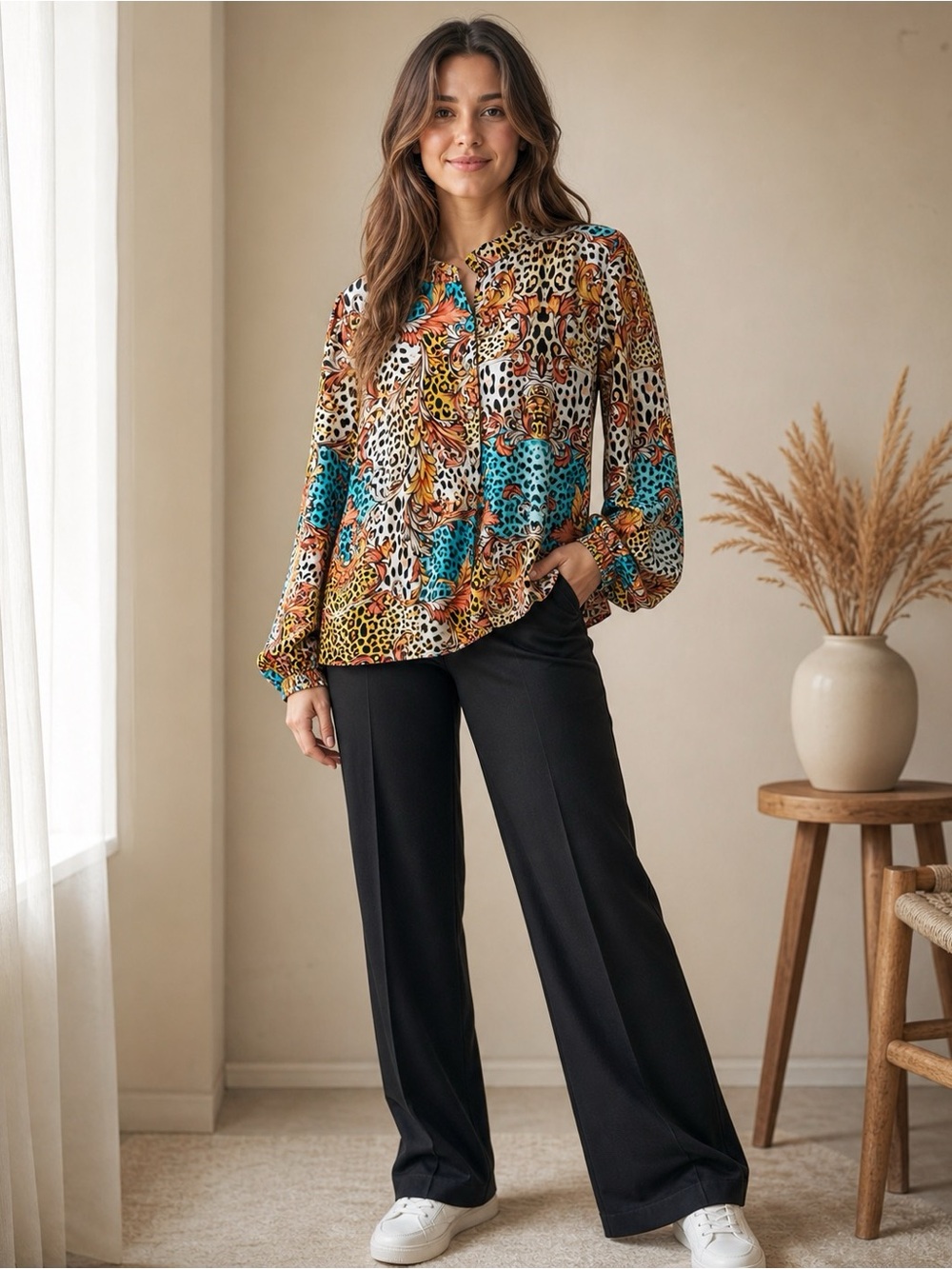 Women’s blouse bright printed leopard, size L
